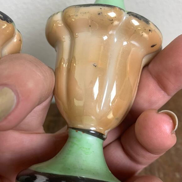 VTG Salt and Pepper Green‎ Orange 1930s Lusterware hand painted Floral Japan - Picture 9 of 9